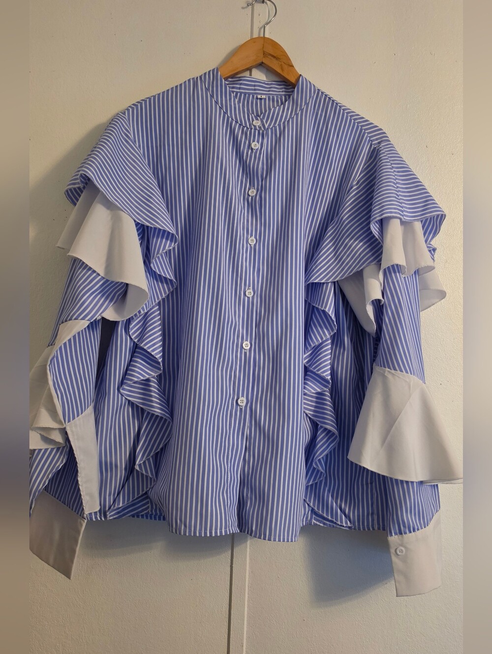 Striped Blue Ruffle Button-Down Blouse